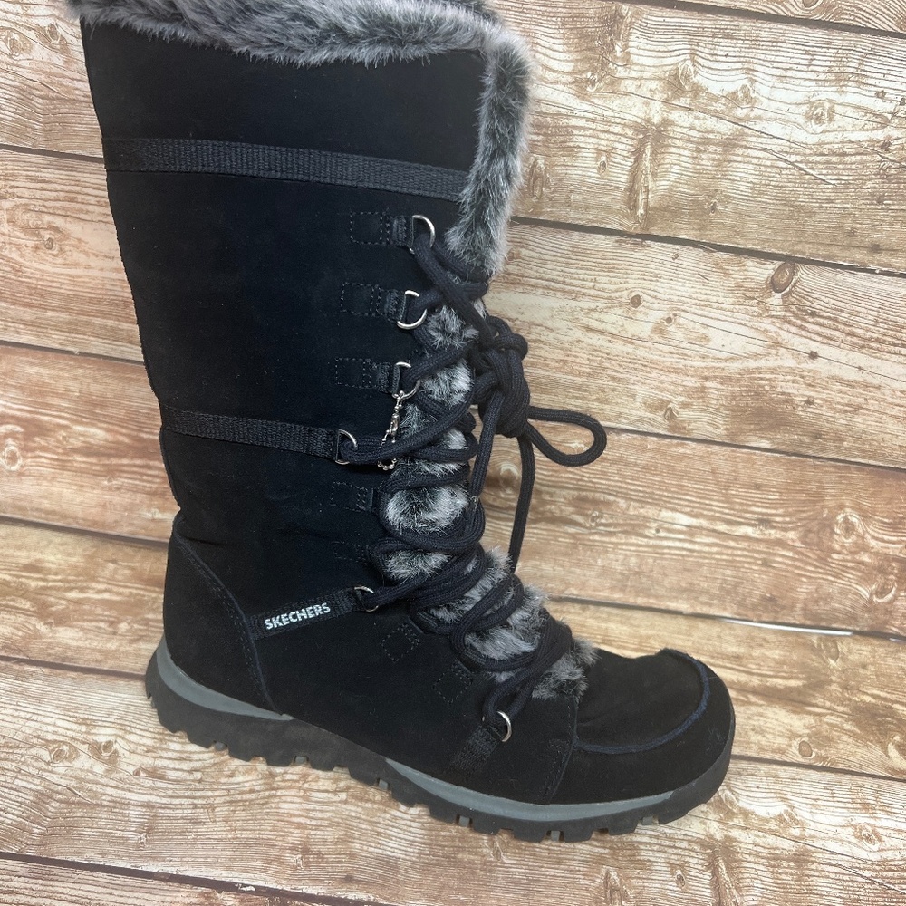 Skechers Black Faux Fur Lace-Up Winter Boots